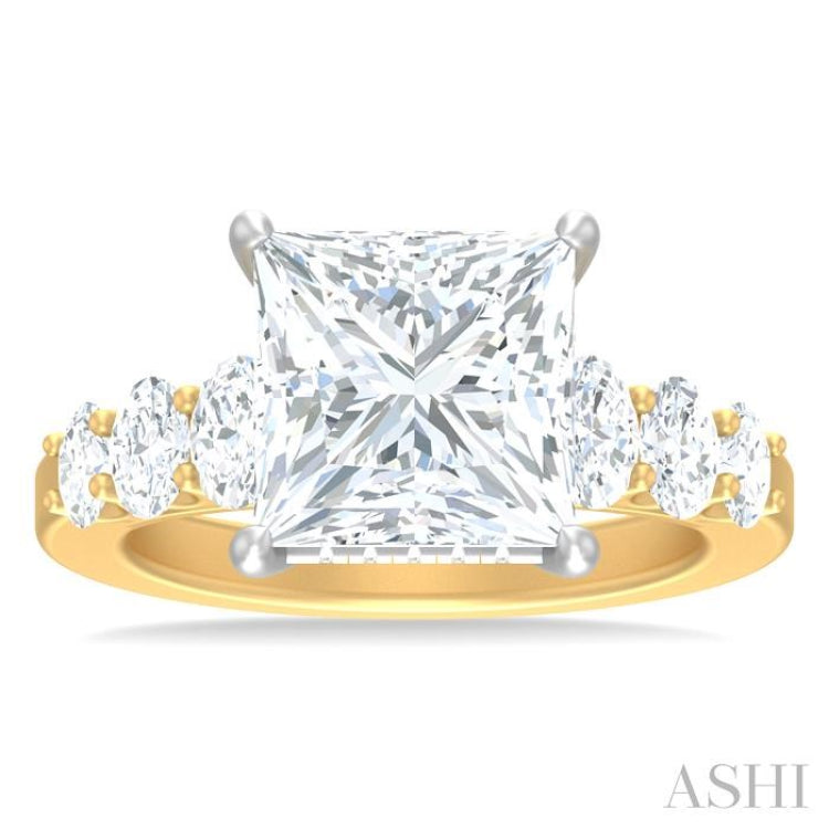 1 1/4 Ctw Princess Shape Oval and Round Cut Diamond Semi Mount Engagement Ring in 14K Yellow and White Gold