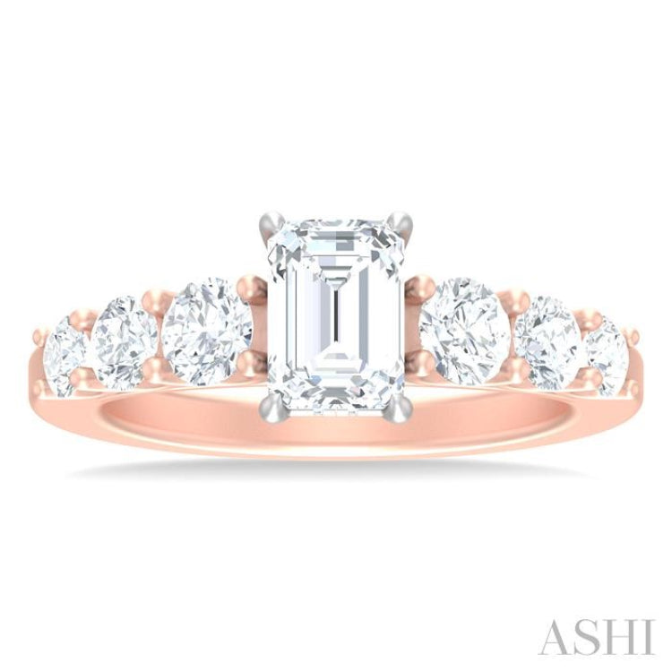 1 1/10 Ctw Emerald Shape Round Cut Diamond Semi Mount Engagement Ring in 14K Rose and White Gold