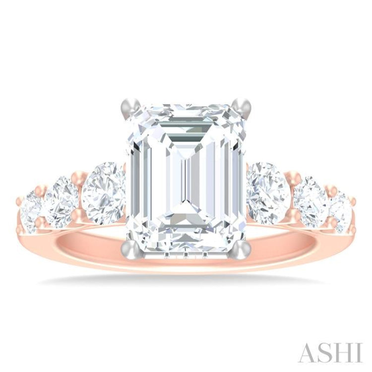 1 1/5 Ctw Emerald Shape Round Cut Diamond Semi Mount Engagement Ring in 14K Rose and White Gold