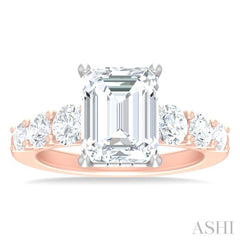 1 1/5 Ctw Emerald Shape Round Cut Diamond Semi Mount Engagement Ring in 14K Rose and White Gold