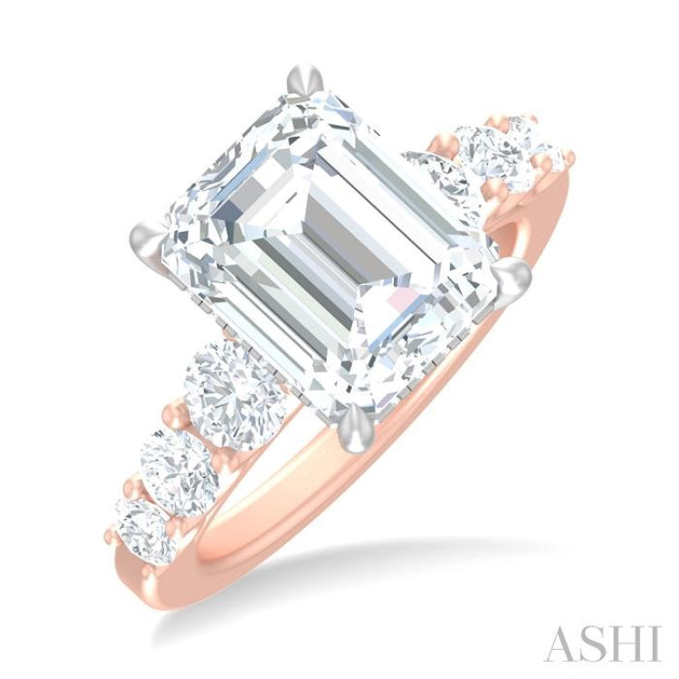 1 1/4 Ctw Emerald Shape Round Cut Diamond Semi Mount Engagement Ring in 14K Rose and White Gold