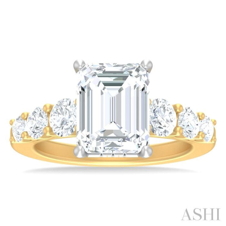 1 1/5 Ctw Emerald Shape Round Cut Diamond Semi Mount Engagement Ring in 14K Yellow and White Gold