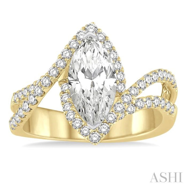 5/8 Ctw Marquise Center Bypass Shank Semi Mount Round Cut Diamond Ring in 14K Yellow and White Gold