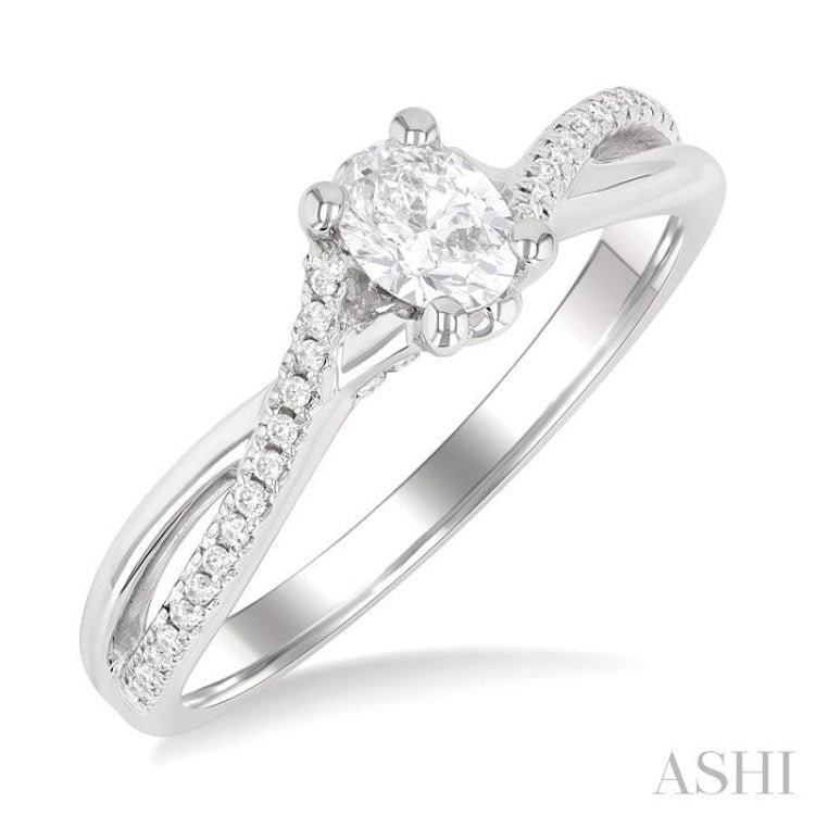 1/6 Ctw Split Crisscross Shank Oval Shape Round Cut Diamond Semi Mount Engagement Ring in 14K White Gold