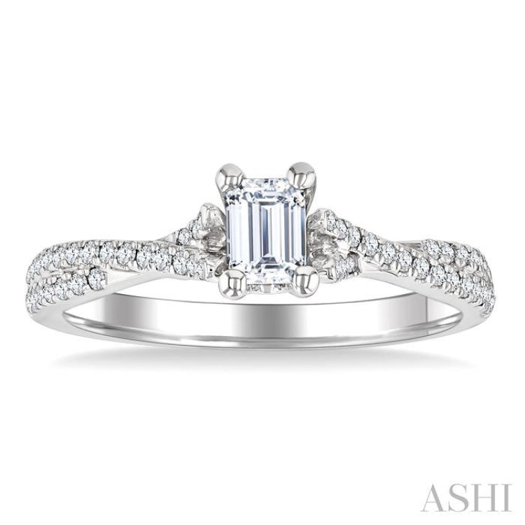 1/2 Ctw Criss Cross Shank Round Cut Diamond Engagement Ring With 1/3 Ct Emerald Cut Diamond Center Stone in 14K White Gold