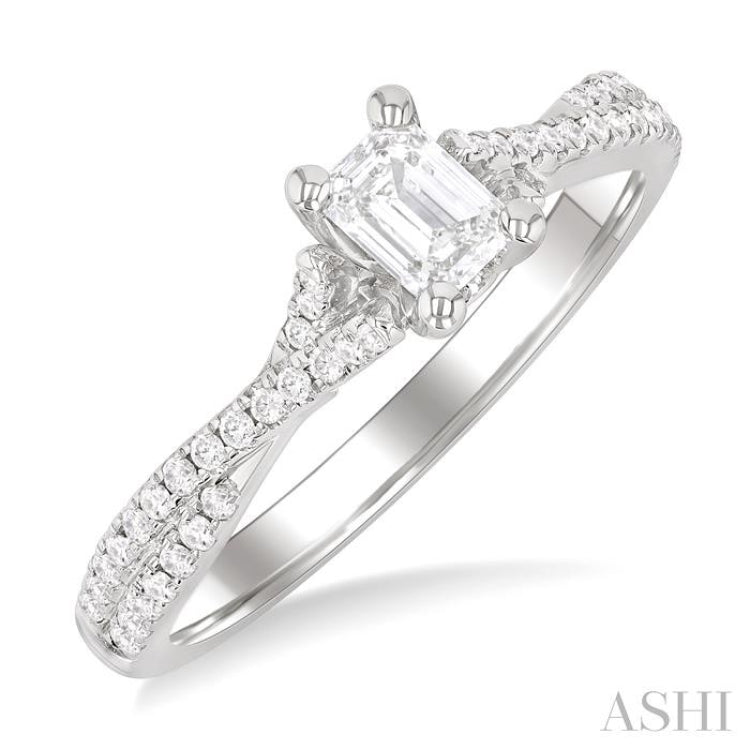 1/4 Ctw Split Crisscross Shank Emerald Shape Round Cut Diamond Semi Mount Engagement Ring in 14K White Gold