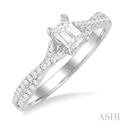 1/4 Ctw Split Crisscross Shank Emerald Shape Round Cut Diamond Semi Mount Engagement Ring in 14K White Gold