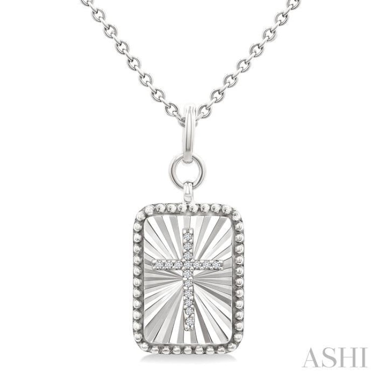 1/20 Ctw Rectangle Fluted Medallion Single Cut Diamond Cross Pendant With Chain in Sterling Silver