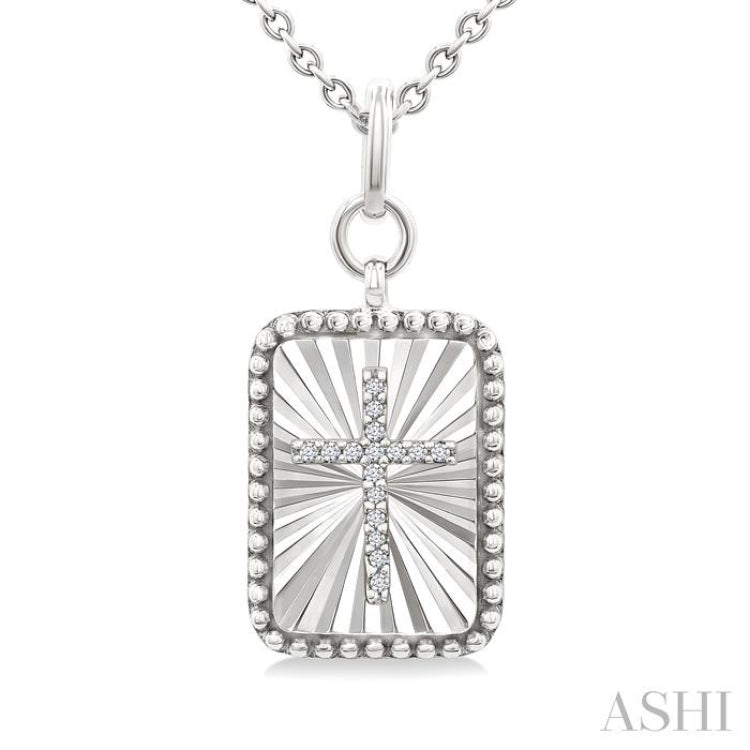 1/20 Ctw Rectangle Fluted Medallion Single Cut Diamond Cross Pendant With Chain in Sterling Silver