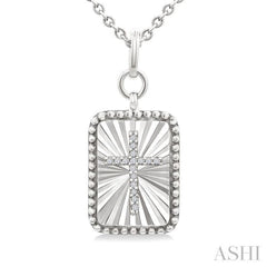 1/20 Ctw Rectangle Fluted Medallion Single Cut Diamond Cross Pendant With Chain in Sterling Silver