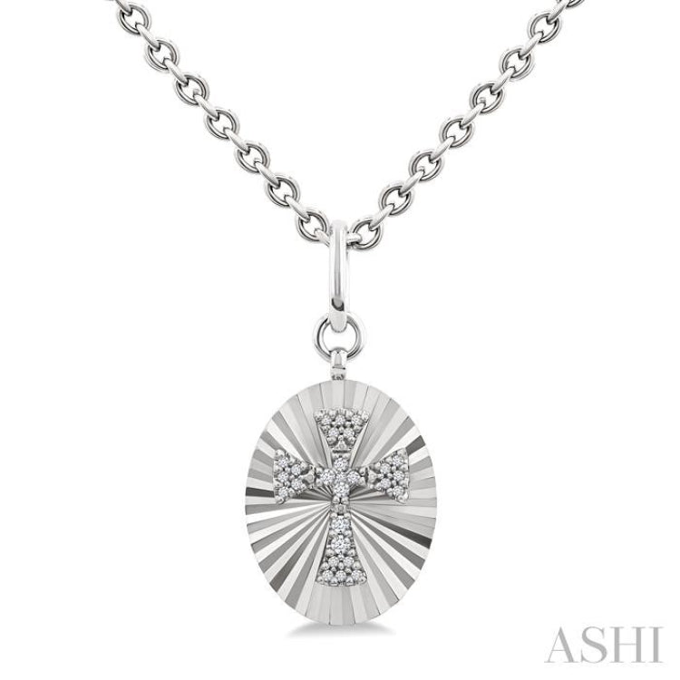 1/10 Ctw Oval Fluted Medallion Single Cut Diamond Cross Pendant With Chain in Sterling Silver