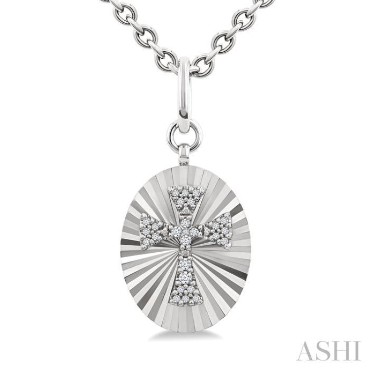 1/10 Ctw Oval Fluted Medallion Single Cut Diamond Cross Pendant With Chain in Sterling Silver