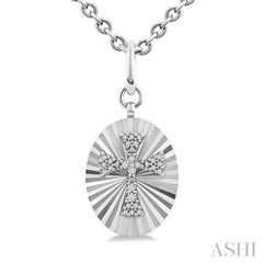 1/10 Ctw Oval Fluted Medallion Single Cut Diamond Cross Pendant With Chain in Sterling Silver