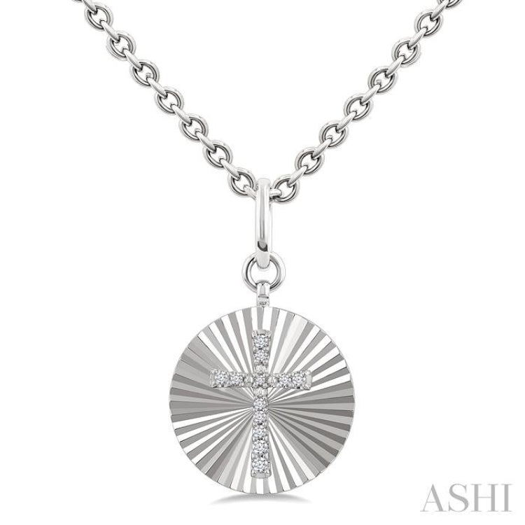 1/10 Ctw Round Fluted Medallion Single Cut Diamond Cross Pendant With Chain in Sterling Silver