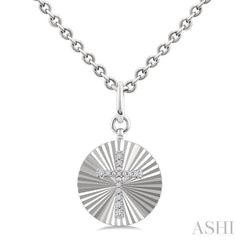 1/10 Ctw Round Fluted Medallion Single Cut Diamond Cross Pendant With Chain in Sterling Silver