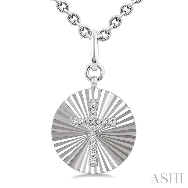 1/10 Ctw Round Fluted Medallion Single Cut Diamond Cross Pendant With Chain in Sterling Silver