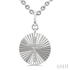 1/10 Ctw Round Fluted Medallion Single Cut Diamond Cross Pendant With Chain in Sterling Silver