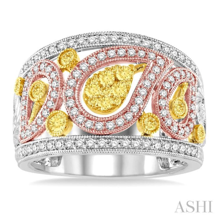 7/8 ctw Round Cut Yellow and White Diamond Fashion Ring in 14K Tri Color Gold