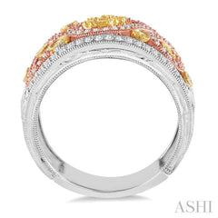 7/8 ctw Round Cut Yellow and White Diamond Fashion Ring in 14K Tri Color Gold