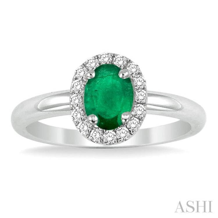 6x4 MM Oval Shape Emerald and 1/6 Ctw Round Cut Diamond Precious Ring in 14K White Gold