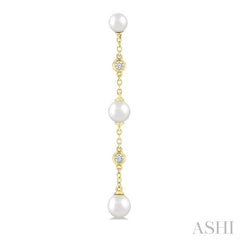 4 MM, 5 MM & 6 MM Round Shape Cultured Pearls and 1/10 Ctw Round Cut Diamond Station Long Earrings in 14K Yellow Gold