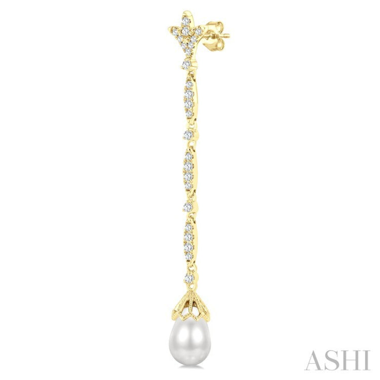 9X7 MM Marquise Link Teardrop Cultured Pearl and 1/2 Ctw Round Cut Diamond Long Earrings in 14K Yellow Gold