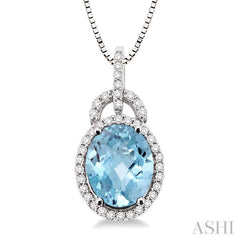 11x9 MM Oval Cut Aquamarine and 1/3 Ctw Round Cut Diamond Pendant in 14K White Gold with Chain