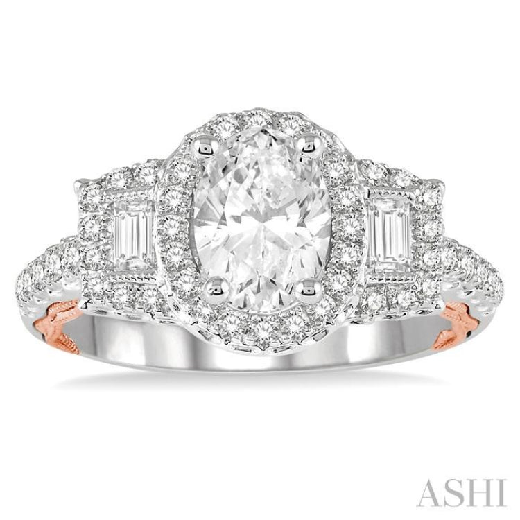 1/2 Ctw Oval Semi Mount Baguette & Round Cut Diamond Ring in 14K White and Rose Gold