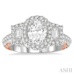 1/2 Ctw Oval Semi Mount Baguette & Round Cut Diamond Ring in 14K White and Rose Gold