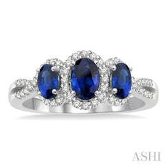6X4&5x3 MM Oval Shape Triple Sapphire Precious Stone and 1/4 Ctw Round Cut Diamond Ring in 14K White Gold