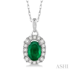 6x4 MM Oval Cut Emerald and 1/6 Ctw Round Cut Diamond Precious Pendant in 14K White Gold with Chain