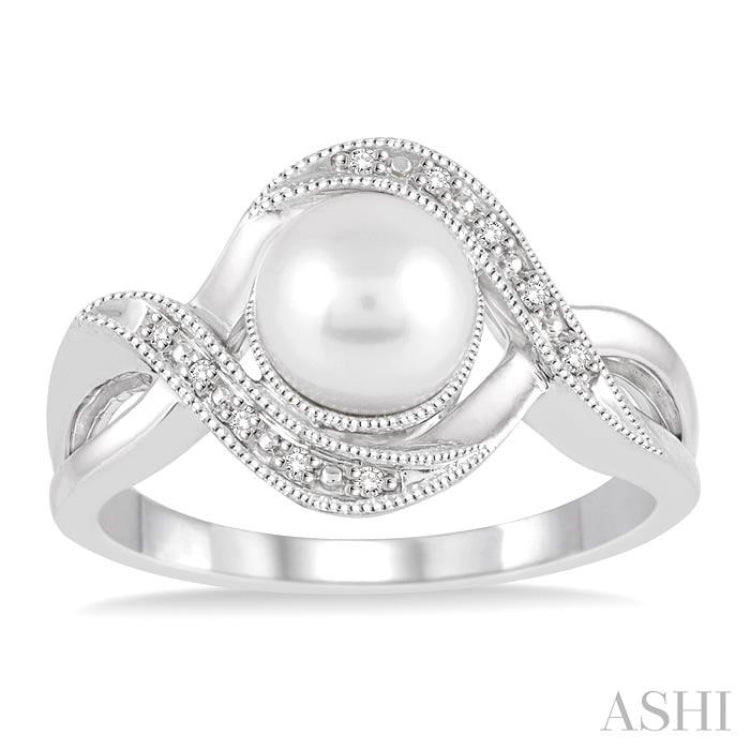 7X7 MM Round Shape Cultured Pearl and 1/20 Ctw Round Cut Diamond Ring in Sterling Silver