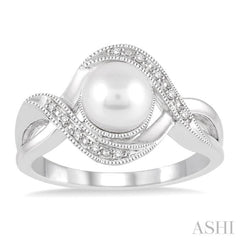 7X7 MM Round Shape Cultured Pearl and 1/20 Ctw Round Cut Diamond Ring in Sterling Silver