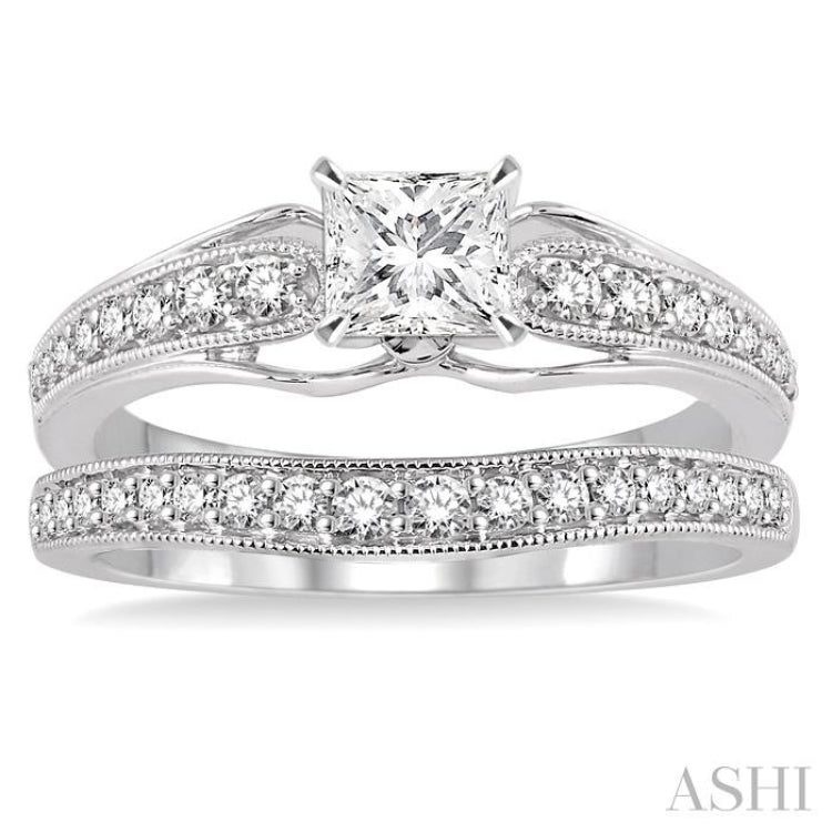 3/4 Ctw Diamond Wedding Set with 5/8 Ctw Princess Cut Engagement Ring and 1/5 Ctw Wedding Band in 14K White Gold
