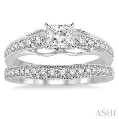 3/4 Ctw Diamond Wedding Set with 5/8 Ctw Princess Cut Engagement Ring and 1/5 Ctw Wedding Band in 14K White Gold