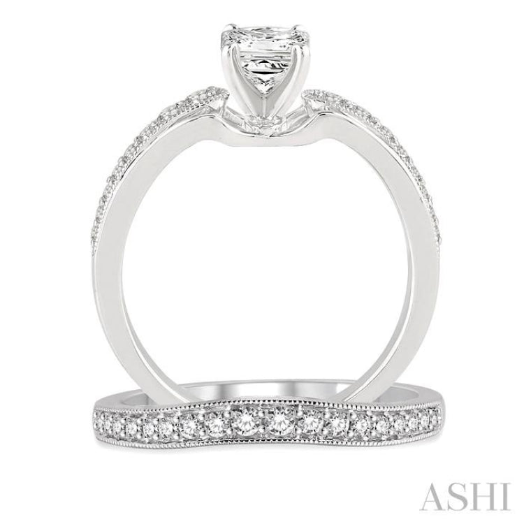 3/4 Ctw Diamond Wedding Set with 5/8 Ctw Princess Cut Engagement Ring and 1/5 Ctw Wedding Band in 14K White Gold