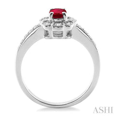 6x4 MM Oval Cut Ruby and 1/6 Ctw Round Cut Diamond Ring in 14K White Gold