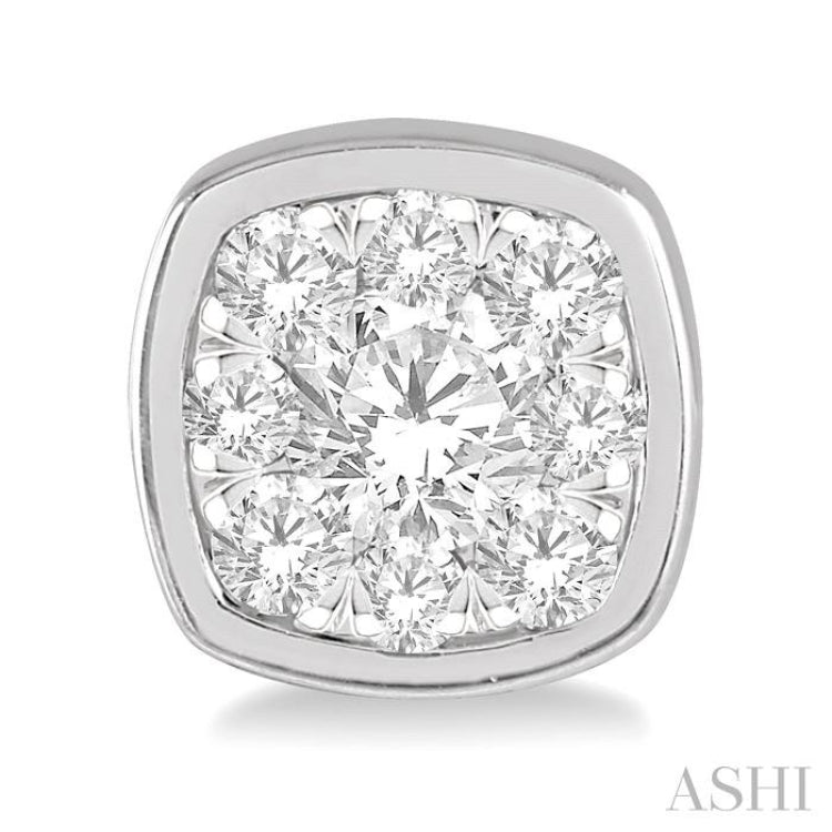 3/4 Ctw Cushion Shape Round Cut Diamond Lovebright Bezel Stud Earring in 14K White Gold