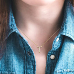 1/20 Ctw Initial 'T' Round Cut Diamond Pendant With Chain in 10K Yellow Gold