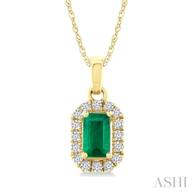 5x3 MM Octagonal Shape Emerald and 1/20 Ctw Round Cut Diamond Halo Precious Pendant with Chain in 10K Yellow Gold