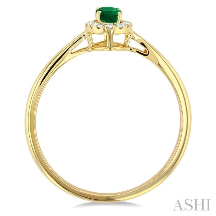 5x3 MM Oval Shape Emerald and 1/20 Ctw Round Cut Diamond Halo Precious Ring in 10K Yellow Gold