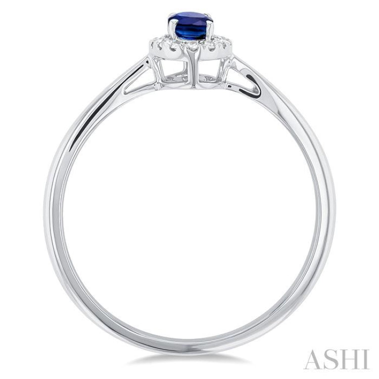 5x3 MM Oval Shape Sapphire and 1/20 Ctw Round Cut Diamond Halo Precious Ring in 10K White Gold