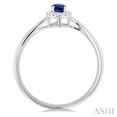 5x3 MM Oval Shape Sapphire and 1/20 Ctw Round Cut Diamond Halo Precious Ring in 10K White Gold