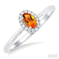 5x3 MM Oval Shape Citrine and 1/20 Ctw Round Cut Diamond Halo Semi-Precious Ring in 14K White Gold