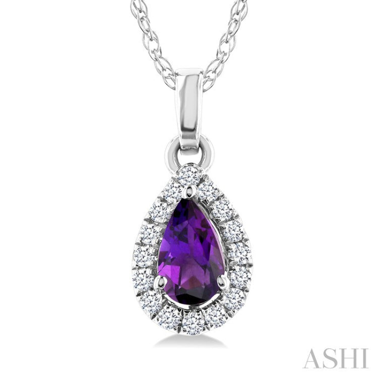 5x3 MM Pear Shape Amethyst and 1/20 Ctw Round Cut Diamond Halo Semi-Precious Pendant with Chain in 10K White Gold