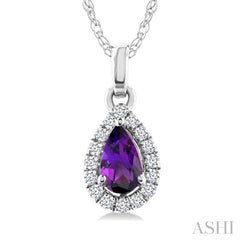 5x3 MM Pear Shape Amethyst and 1/20 Ctw Round Cut Diamond Halo Semi-Precious Pendant with Chain in 10K White Gold