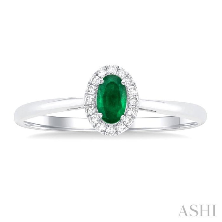 5x3 MM Oval Shape Emerald and 1/20 Ctw Round Cut Diamond Halo Precious Ring in 14K White Gold