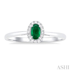 5x3 MM Oval Shape Emerald and 1/20 Ctw Round Cut Diamond Halo Precious Ring in 14K White Gold