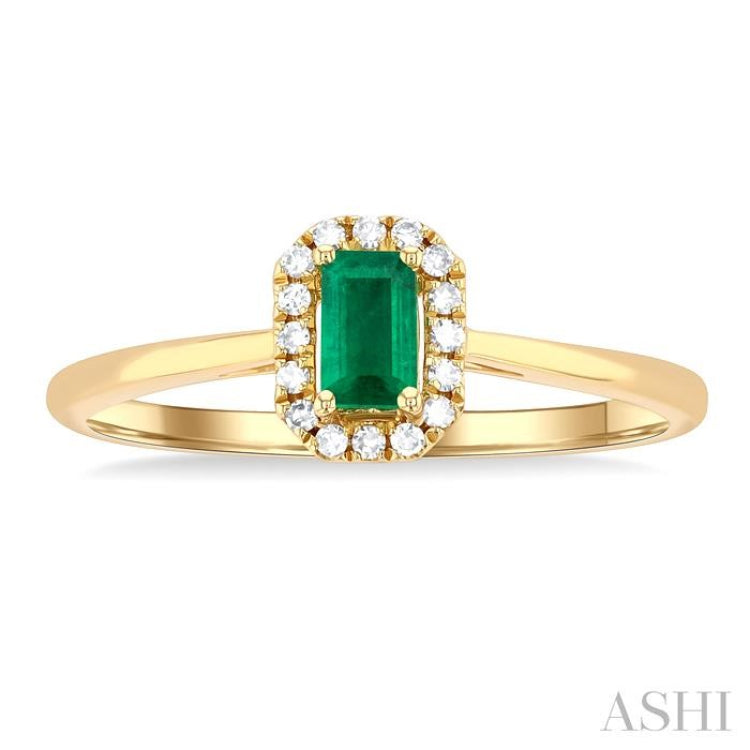 5x3 MM Octagonal Shape Emerald and 1/20 Ctw Round Cut Diamond Halo Precious Ring in 10K Yellow Gold