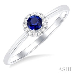 3.25 MM Round Sapphire and 1/20 Ctw Round Cut Diamond Halo Precious Ring in 10K White Gold